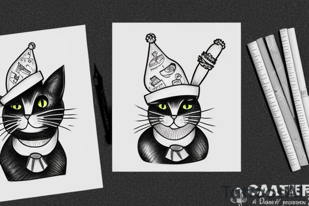 cat with funny hat in a car tattoo idea
