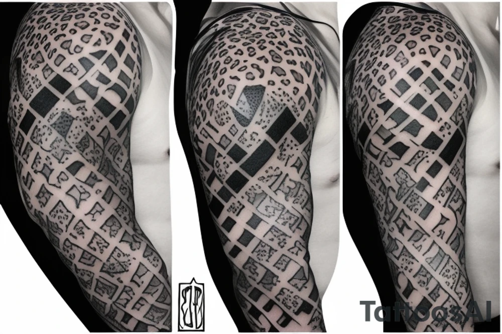 Tatto for the left upper arm and chest that has a cheetah, a snake and some geometrical pattern tattoo idea