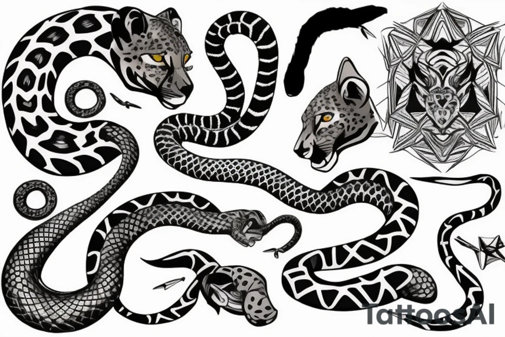 Tatto for the left upper arm and chest that has a cheetah, a snake and some geometrical pattern tattoo idea