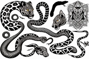 Tatto for the left upper arm and chest that has a cheetah, a snake and some geometrical pattern tattoo idea