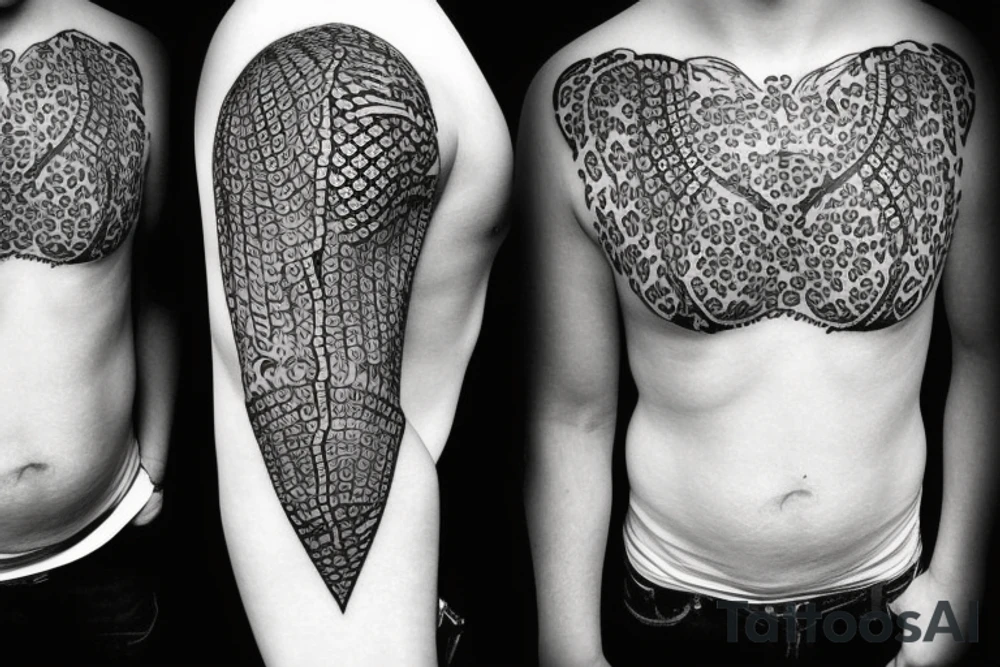 Tatto for the left upper arm and chest that has a cheetah, a snake and some geometrical pattern tattoo idea