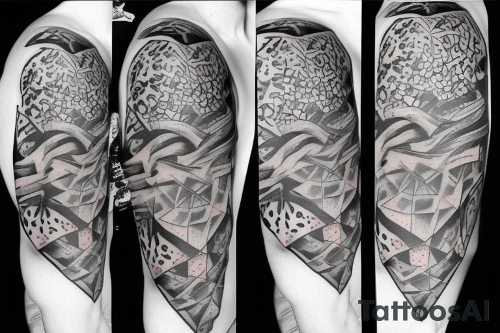 Tatto for the left upper arm and chest that has a cheetah, a snake and some geometrical pattern tattoo idea