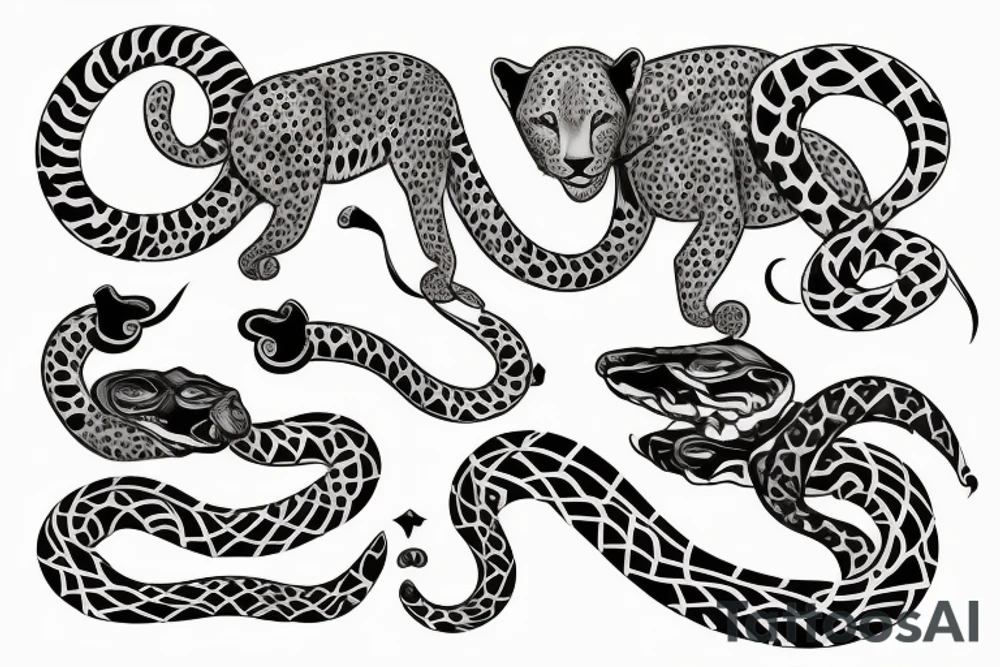 Tatto for the left upper arm and chest that has a cheetah, a snake and some geometrical pattern tattoo idea