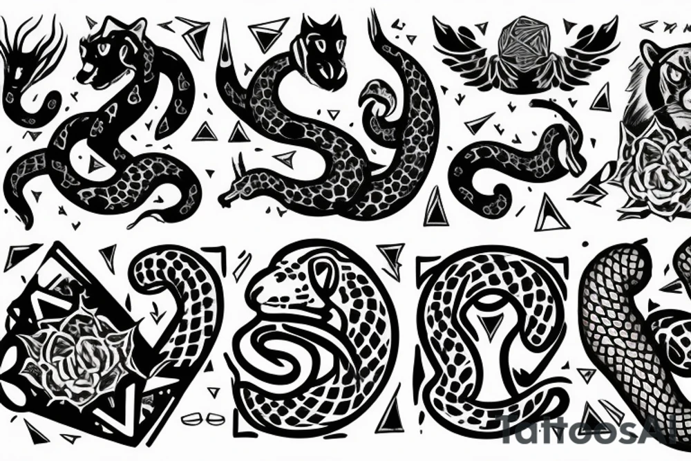 Tatto for the left upper arm and chest that has a cheetah, a snake and some geometrical pattern tattoo idea
