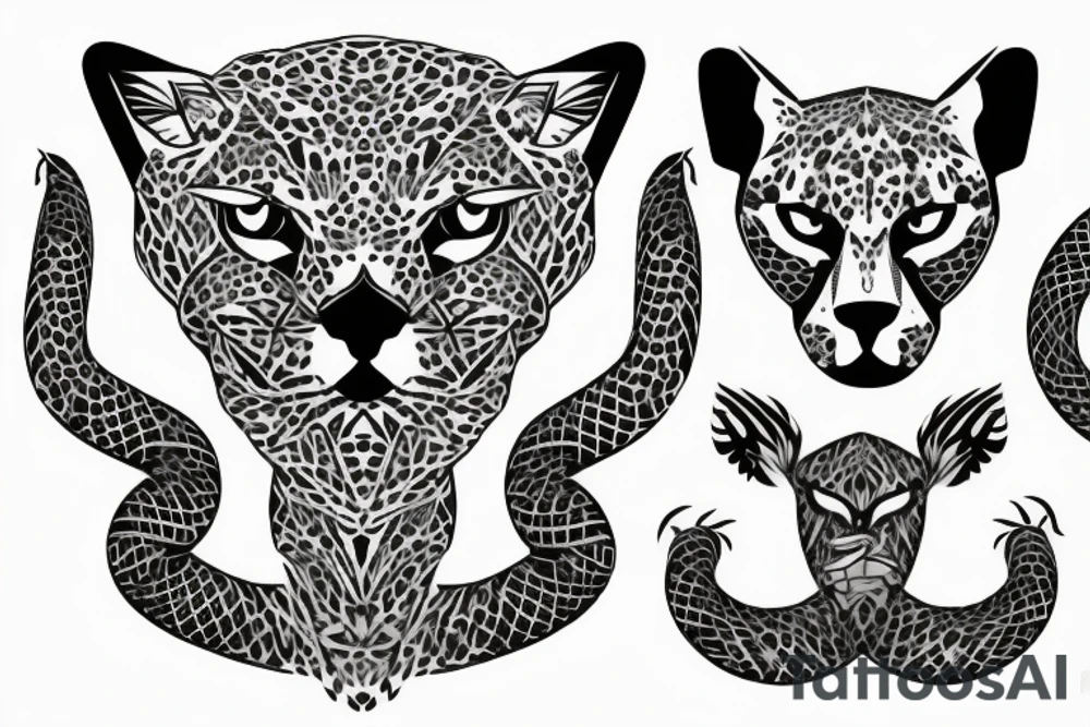 Tatto for the left upper arm and chest that has a cheetah, a snake and some geometrical pattern tattoo idea