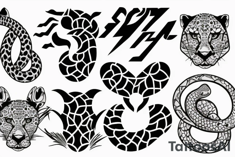 Tatto for the left upper arm and chest that has a cheetah, a snake and some geometrical pattern tattoo idea