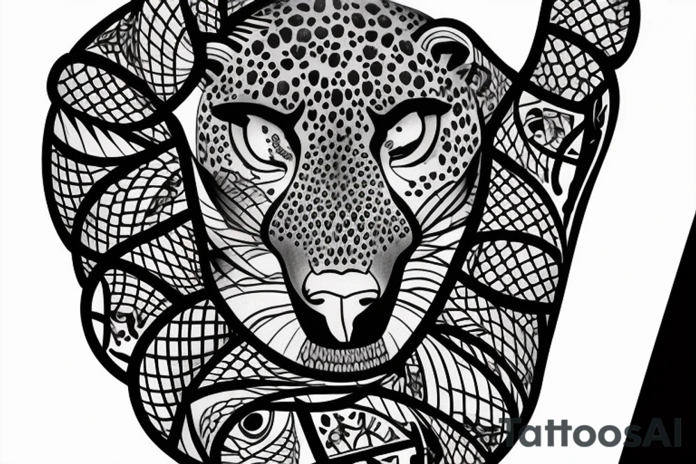 Tatto for the left upper arm and chest that has a cheetah, a snake and some geometrical pattern tattoo idea