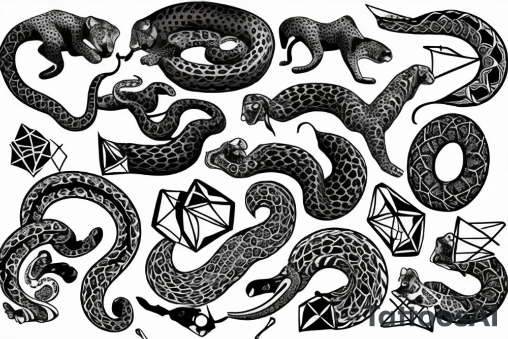Tatto for the left upper arm and chest that has a cheetah, a snake and some geometrical pattern tattoo idea