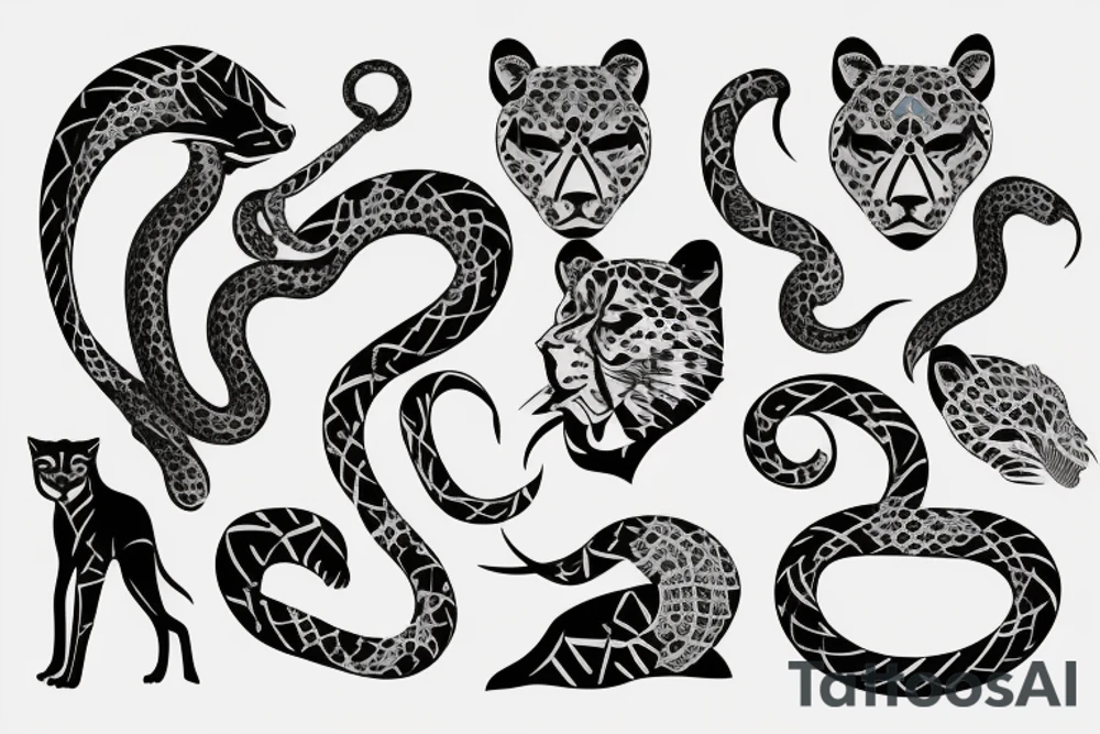 Tatto for the left upper arm and chest that has a cheetah, a snake and some geometrical pattern tattoo idea
