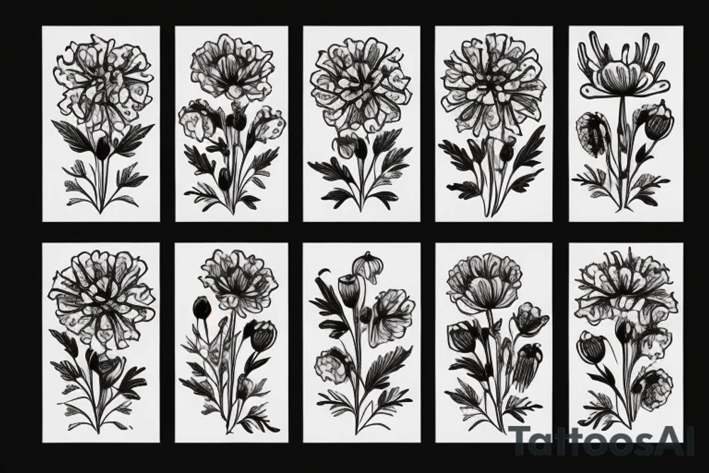 Bouquet of carnation, violet, poppy, and chrysanthemum tattoo idea