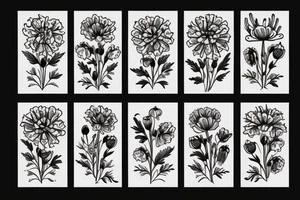 Bouquet of carnation, violet, poppy, and chrysanthemum tattoo idea