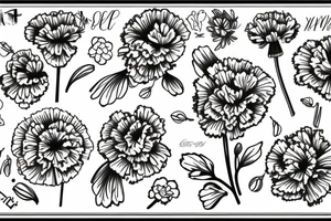 carnation, violet, poppy, and chrysanthemum line draw tattoo idea