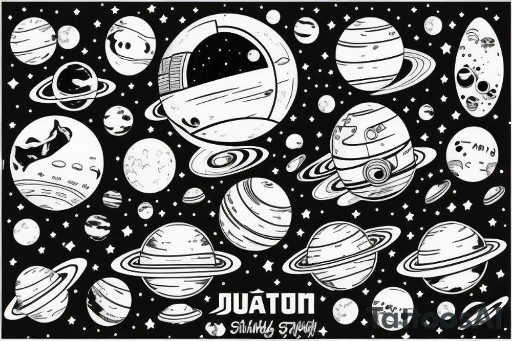 Astronaut floating in space filled with planets tattoo idea