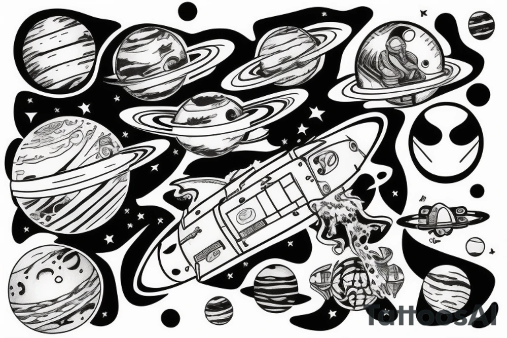 Astronaut floating in space filled with planets tattoo idea