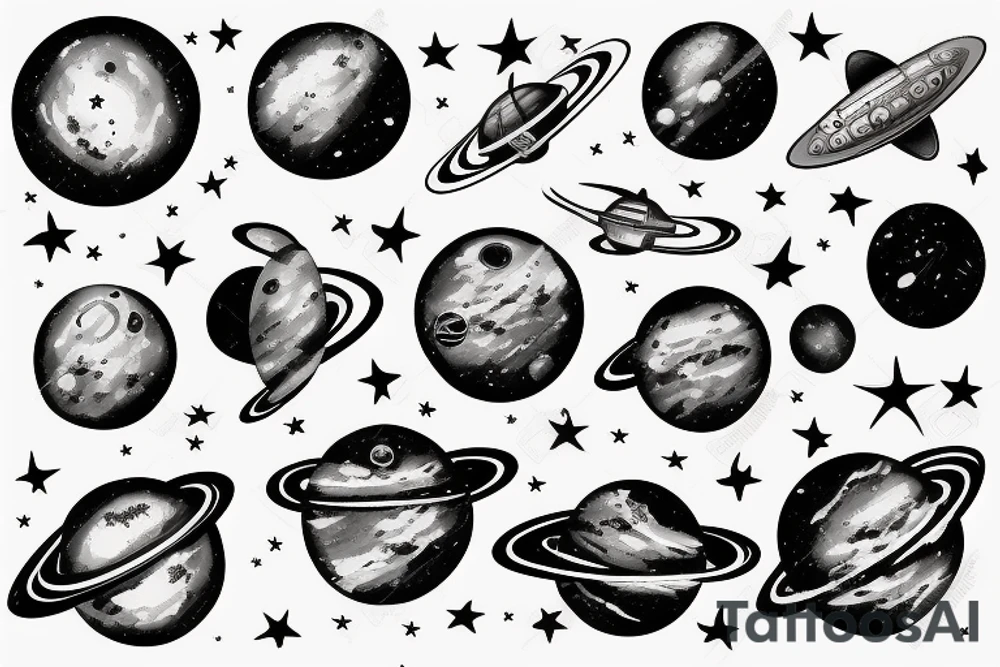 Astronaut floating in space filled with planets tattoo idea