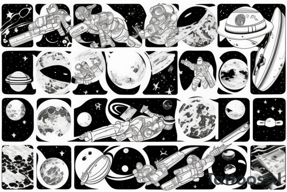 Astronaut floating in space filled with planets tattoo idea Astronaut floating in space filled with planets tattoo idea