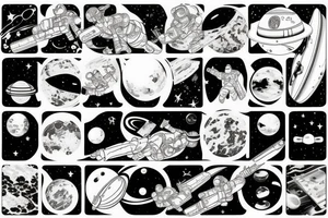Astronaut floating in space filled with planets tattoo idea