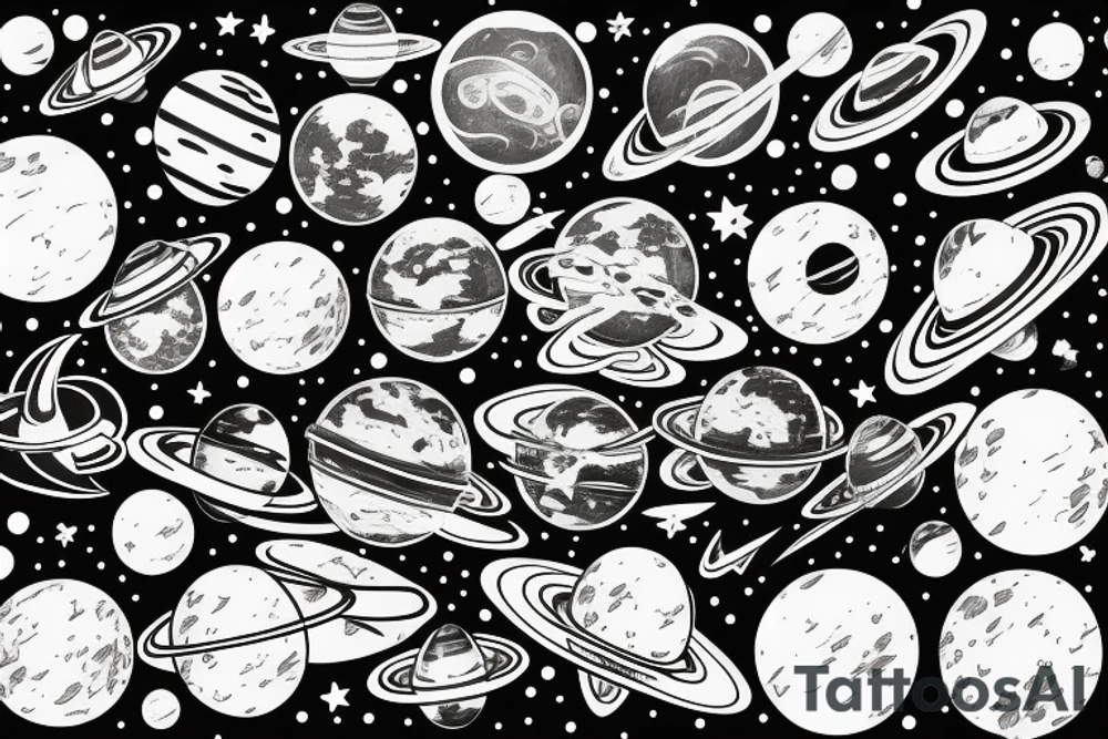 Astronaut floating in space filled with planets tattoo idea Astronaut floating in space filled with planets tattoo idea