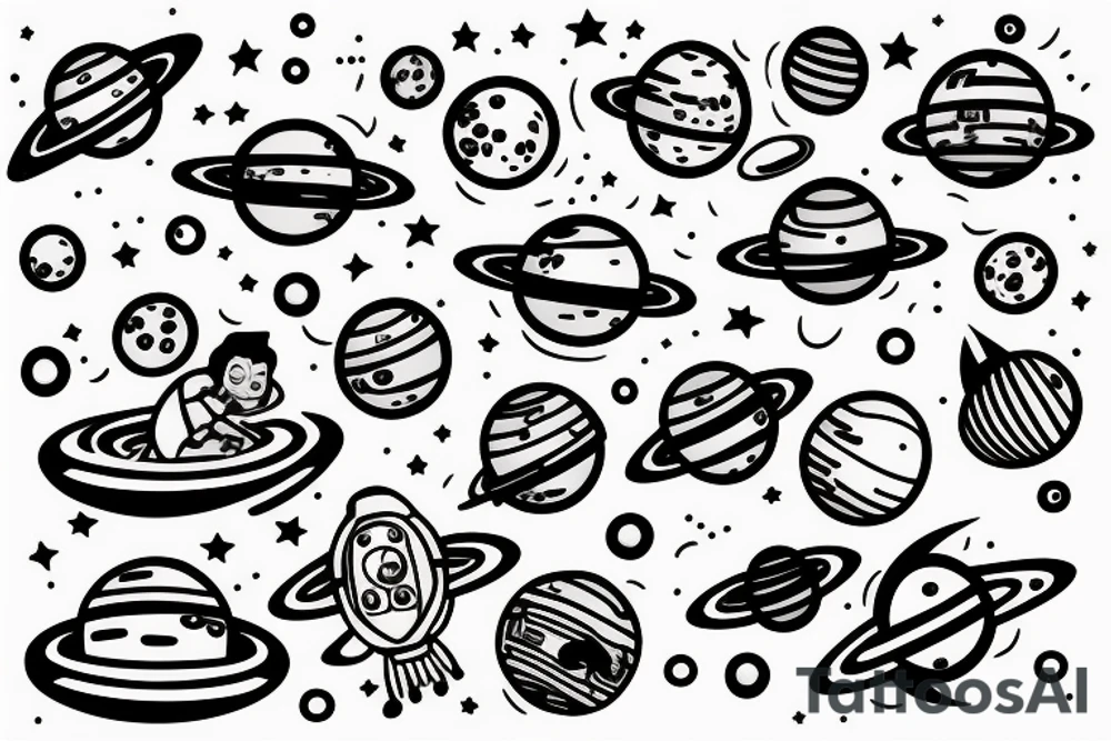Astronaut floating in space filled with planets tattoo idea