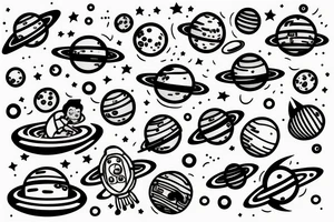 Astronaut floating in space filled with planets tattoo idea