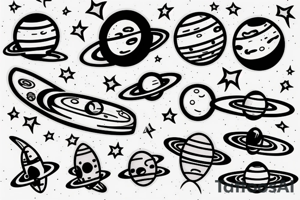 Astronaut floating in space filled with planets tattoo idea