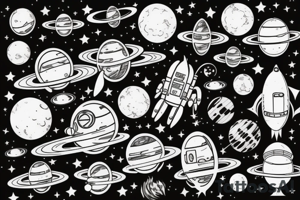 Astronaut floating in space filled with planets tattoo idea Astronaut floating in space filled with planets tattoo idea
