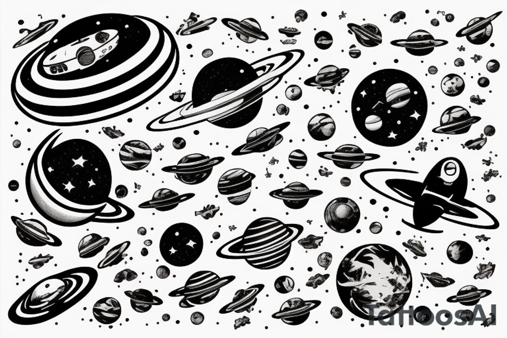 Astronaut floating in space filled with planets tattoo idea Astronaut floating in space filled with planets tattoo idea