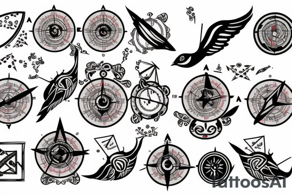 Sparrow with music notes and compass tattoo idea