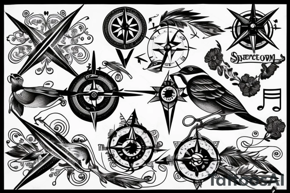 Sparrow with music notes and compass tattoo idea