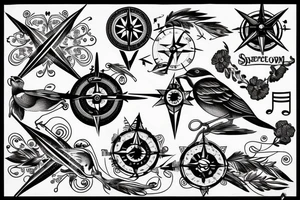 Sparrow with music notes and compass tattoo idea