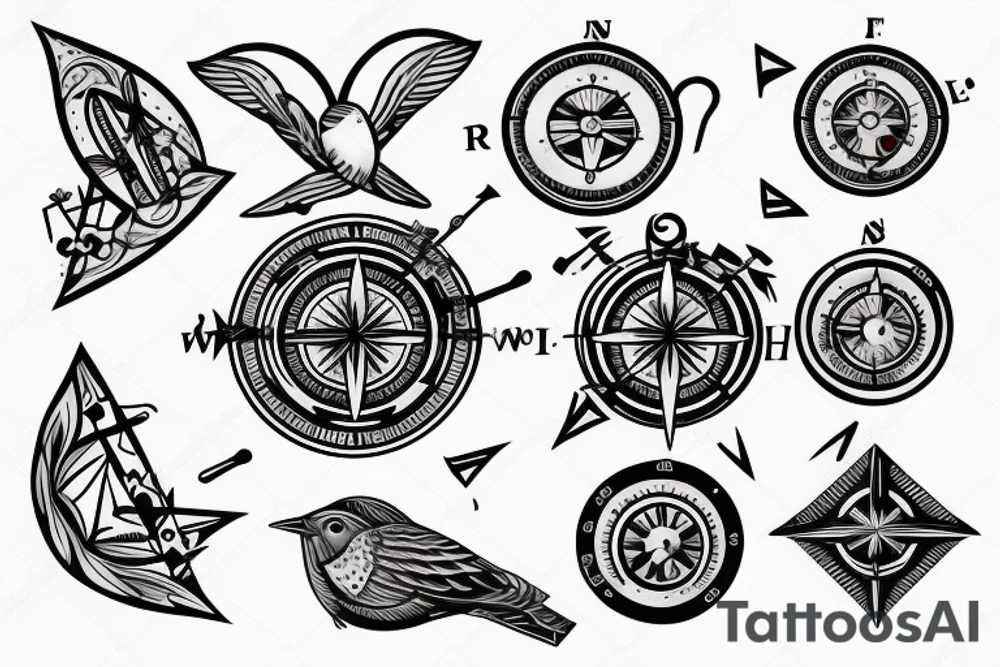 Sparrow with music notes and compass tattoo idea