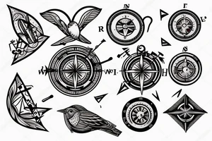 Sparrow with music notes and compass tattoo idea