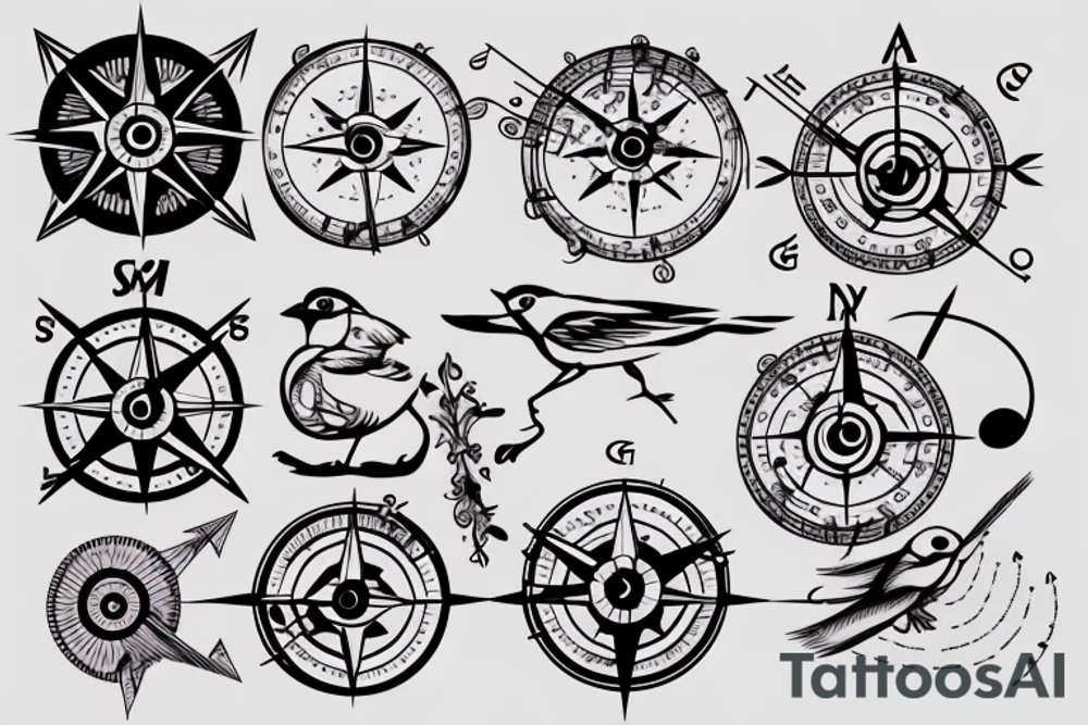 Sparrow with music notes and compass tattoo idea