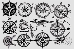 Sparrow with music notes and compass tattoo idea