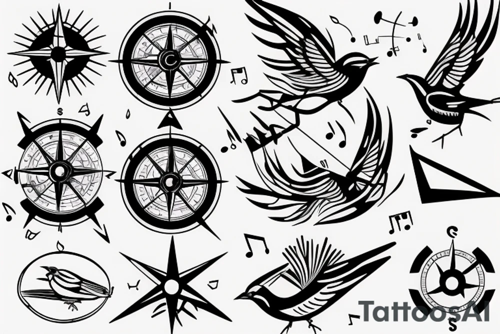 Sparrow with music notes and compass tattoo idea