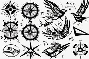 Sparrow with music notes and compass tattoo idea