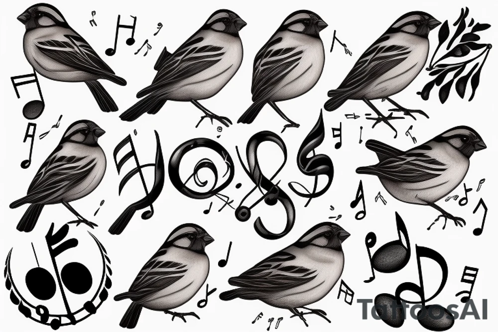 Realistic looking sparrow with a couple of music notes tattoo idea
