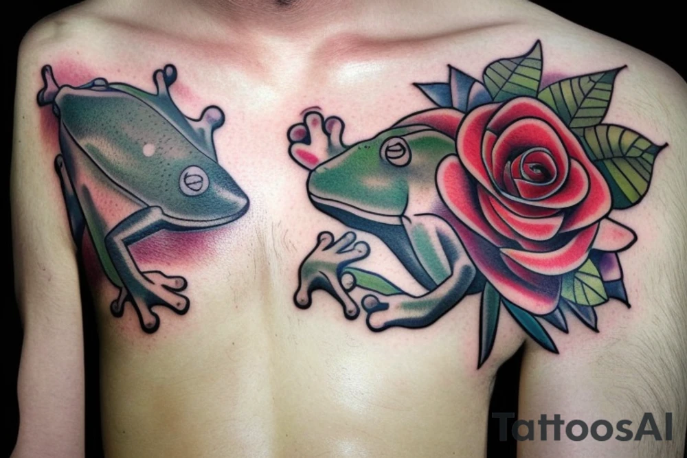 Chest tattoo frog rose and bear cub tattoo idea