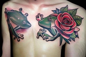 Chest tattoo frog rose and bear cub tattoo idea