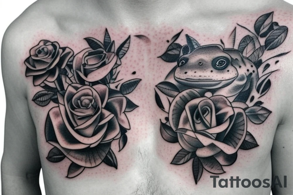 Chest tattoo frog rose and bear cub tattoo idea
