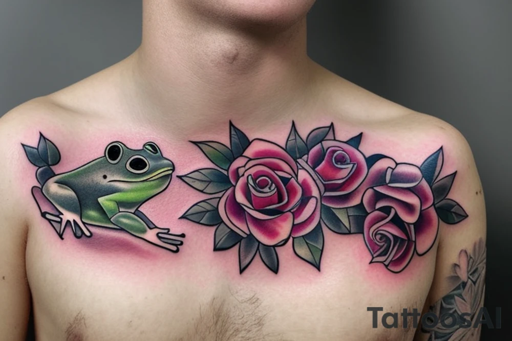 Chest tattoo frog rose and bear cub tattoo idea