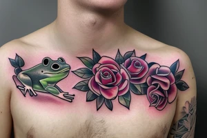 Chest tattoo frog rose and bear cub tattoo idea