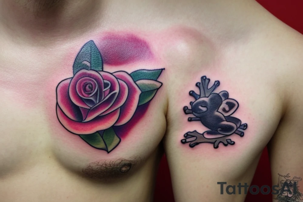 Chest tattoo frog rose and bear cub tattoo idea