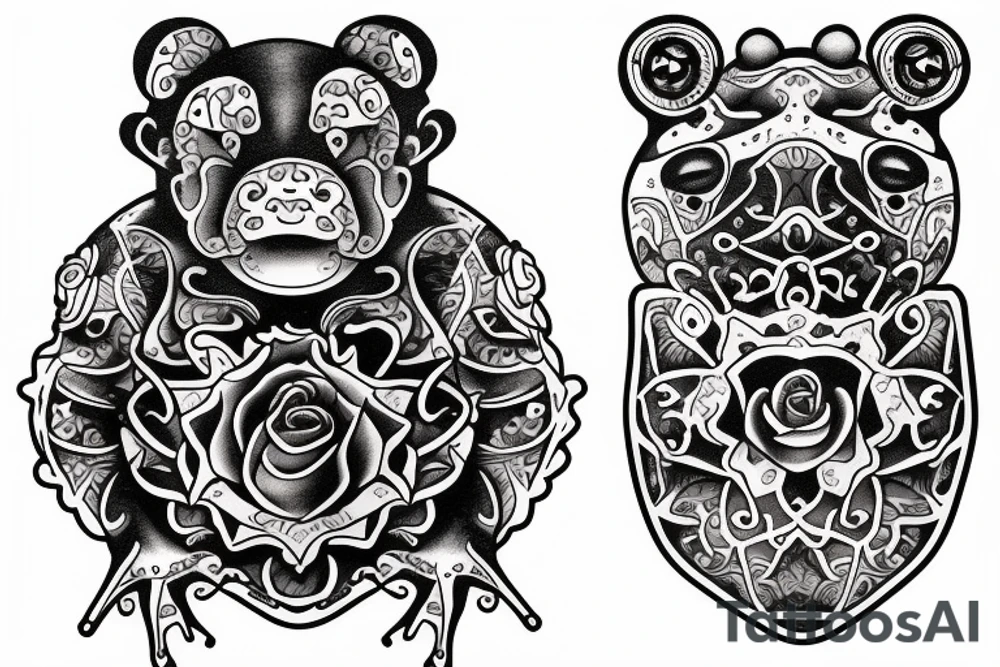Bear cub rose frog tattoo idea