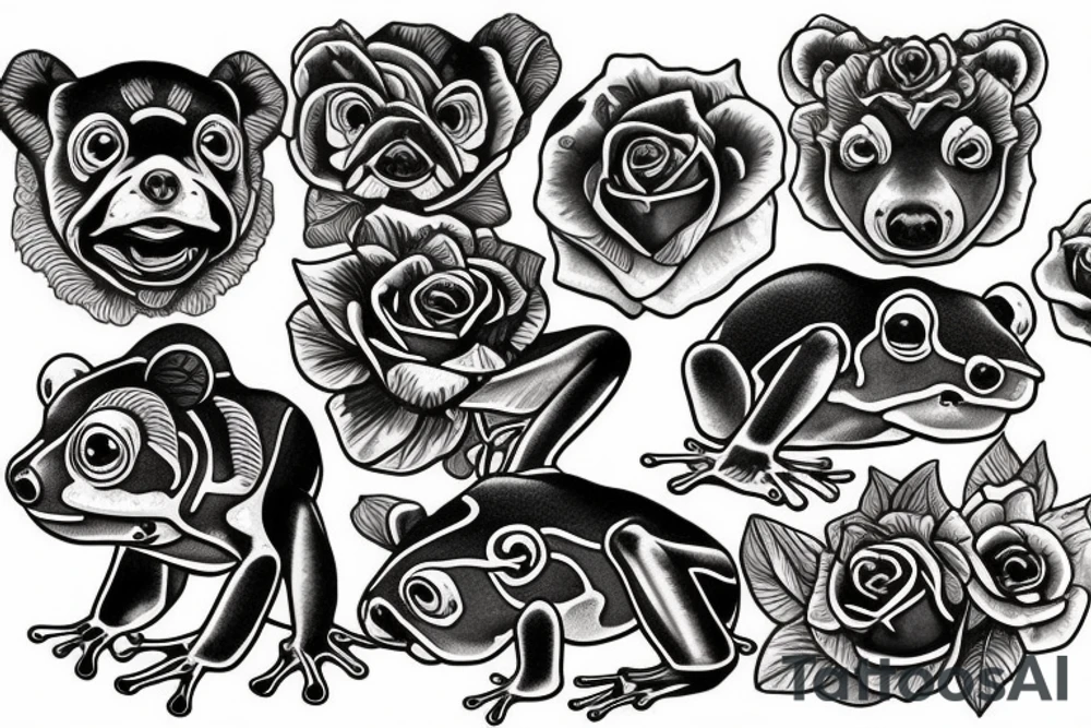 Bear cub rose frog tattoo idea