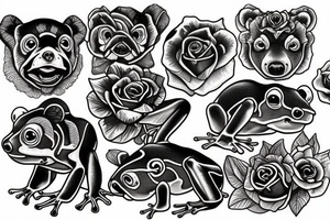 Bear cub rose frog tattoo idea