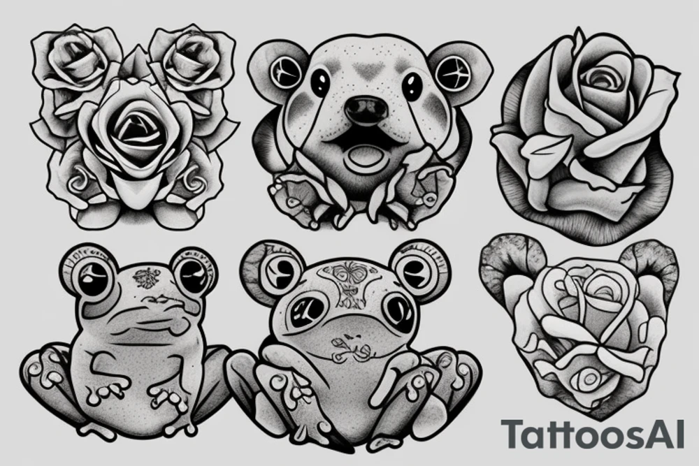 Bear cub rose frog tattoo idea
