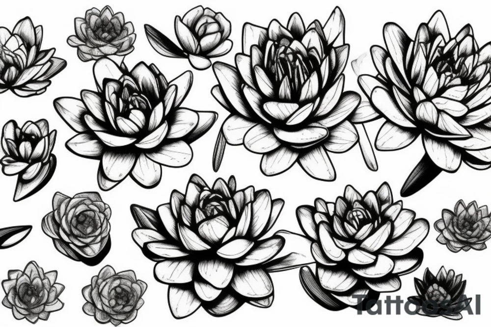 Water lily, rose, chrysanthemum, narcissus, rose, iris tattoo idea