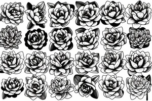 Water lily, rose, chrysanthemum, narcissus, rose, iris tattoo idea