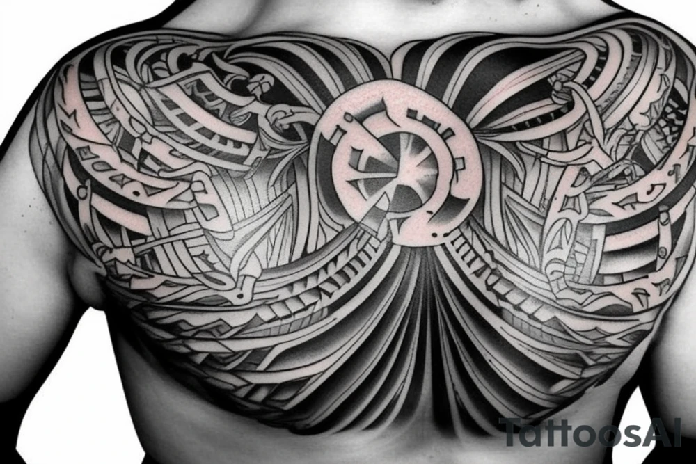 Round armor crest on the chest tattoo idea